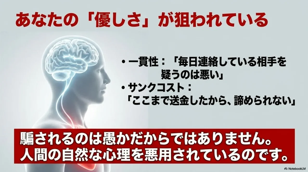 一貫性の原理やサンクコスト効果など、被害者が騙される心理的要因の解説