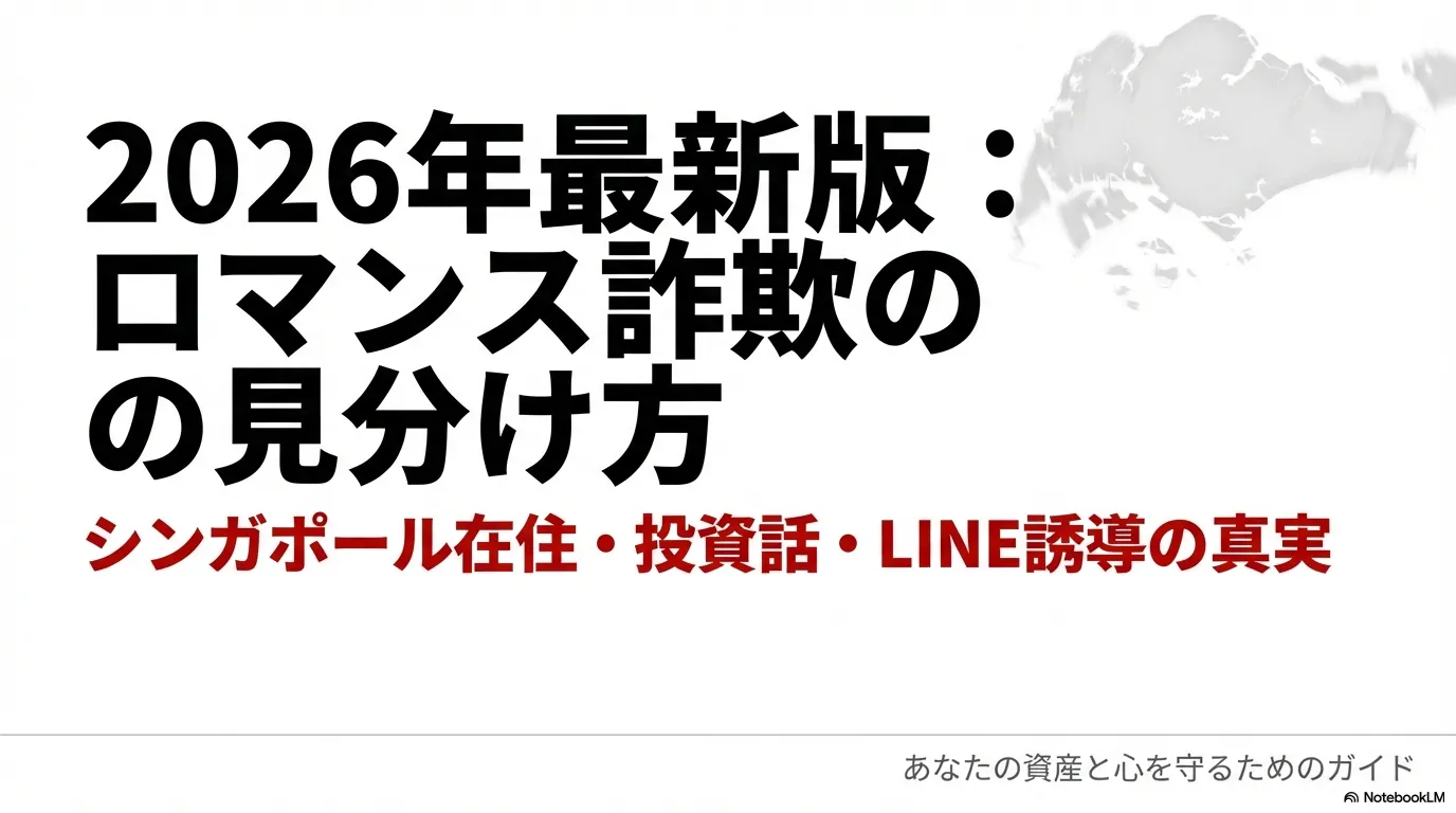 スマートフォンを持って不安そうな表情を浮かべる女性と「ロマンス詐欺の見分け方」というタイトル文字