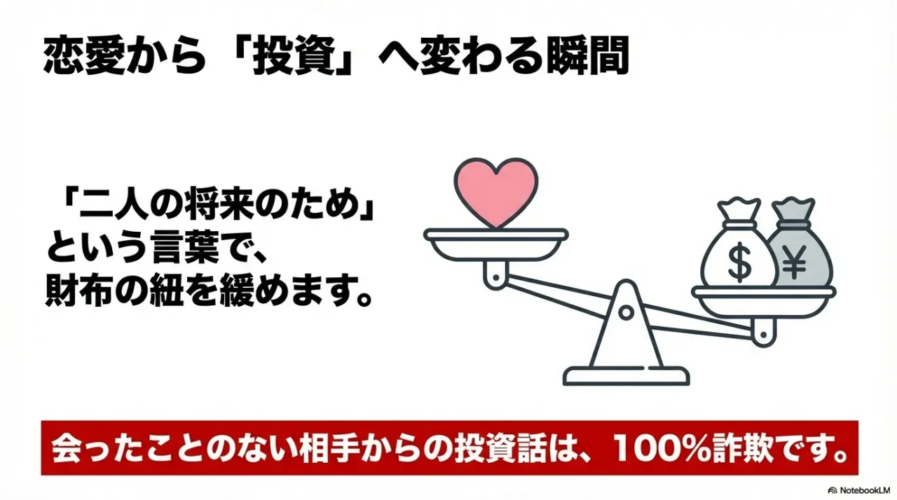 ハート（恋愛）とお金（投資）を天秤にかけているイラスト。「二人の将来のため」という言葉への注意喚起