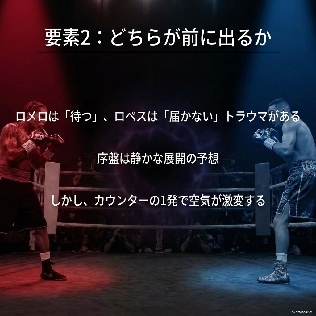 リングの両端で構える2人を写した画像に「要素2 どちらが前に出るか」と重ねた図。ロメロは待つ、ロペスは届かないという傾向があり、序盤は静かな展開だが一発で空気が変わると書かれている。