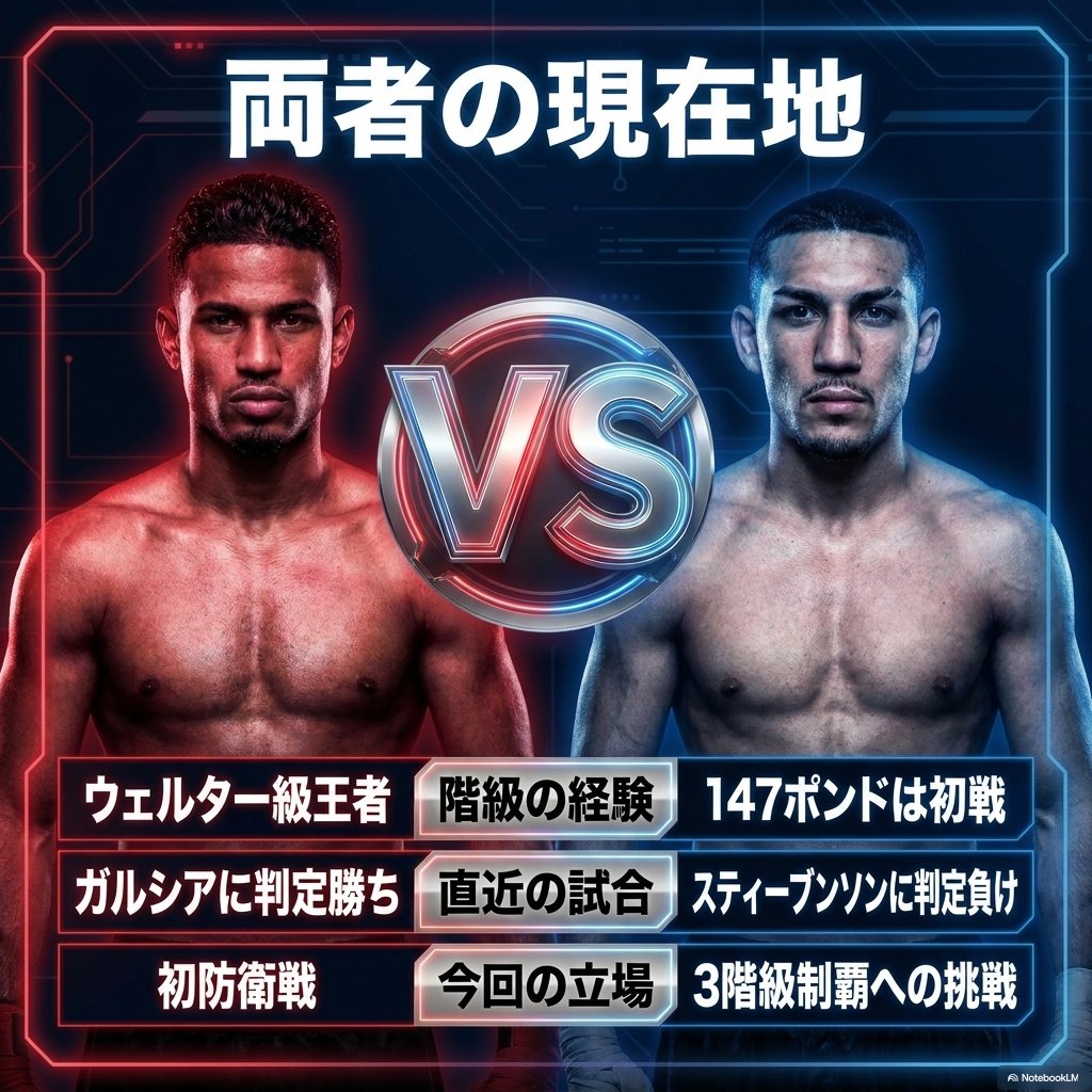 ロメロとロペスを左右に並べた対比図。階級の経験ではウェルター級王者と147ポンド初戦、直近の試合ではガルシアに判定勝ちとスティーブンソンに判定負け、立場では初防衛戦と3階級制覇挑戦と示されている。