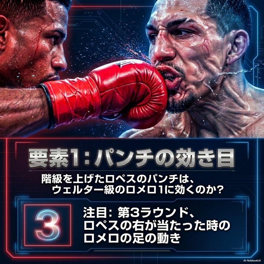 赤いグローブの右が相手の顔面をとらえた瞬間の画像に「要素1 パンチの効き目」と重ねた図。階級を上げたロペスの打撃が効くのか、第3ラウンドのロメロの足の動きに注目と書かれている。