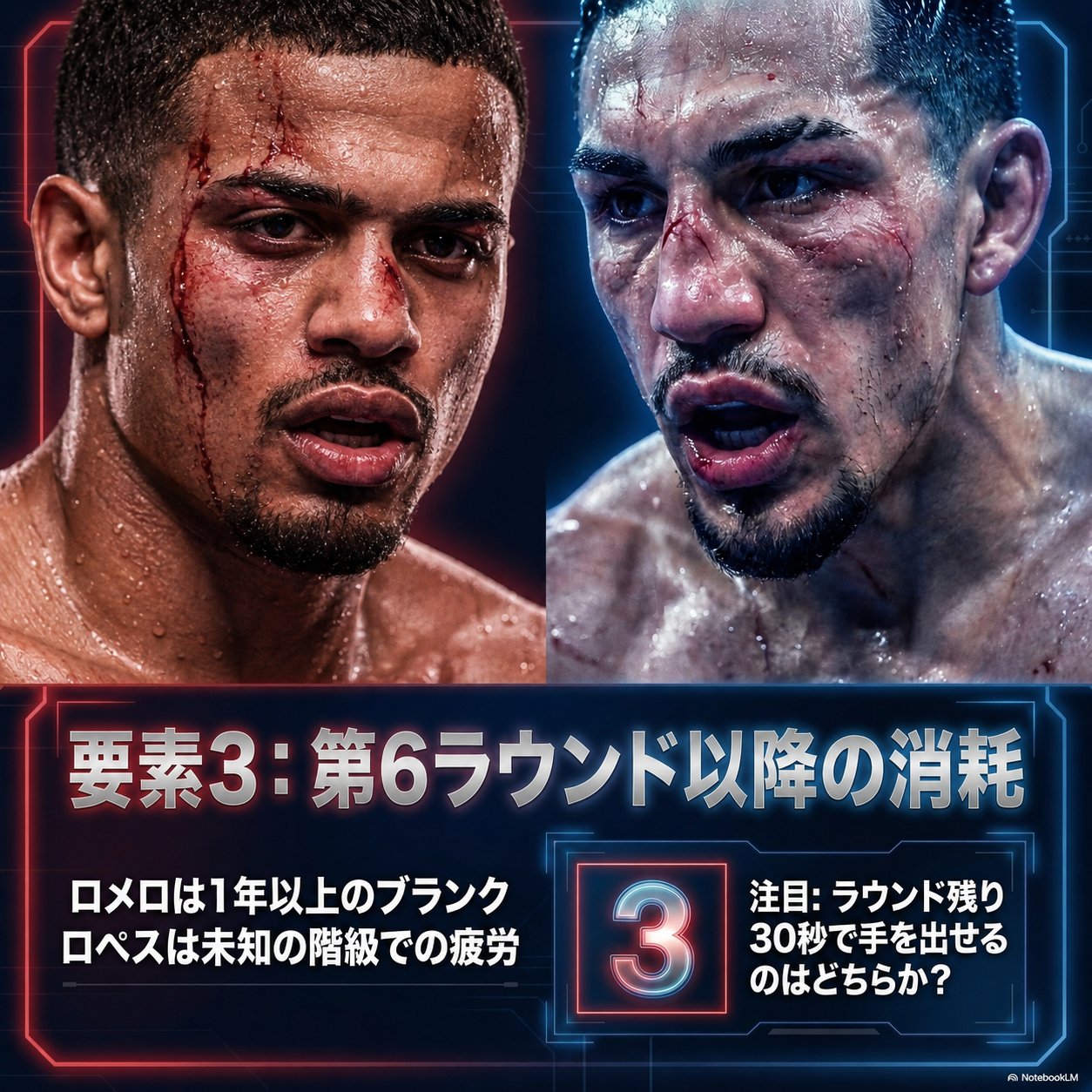 消耗した2人の顔を並べた画像に「要素3 第6ラウンド以降の消耗」と重ねた図。ロメロは1年以上のブランク、ロペスは未知の階級での疲労を抱え、ラウンド残り30秒で手を出せるのはどちらかと書かれている。
