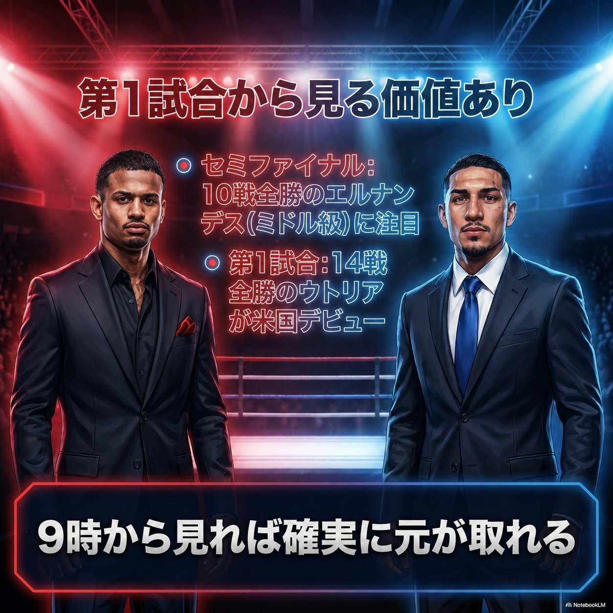 「第1試合から見る価値あり」と題した図。セミファイナルは10戦全勝のエルナンデス、第1試合は14戦全勝のウトリアが米国デビューと紹介され、9時から見れば元が取れると書かれている。