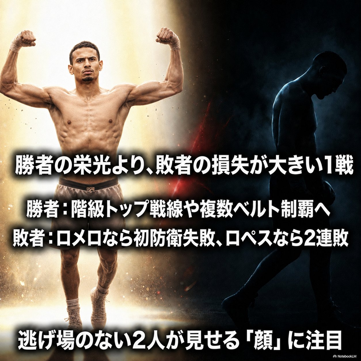 両腕を掲げる選手と背を向けて去る選手を対比した画像。勝者の栄光より敗者の損失が大きい一戦であること、敗者はロメロなら初防衛失敗、ロペスなら2連敗になることが書かれている。