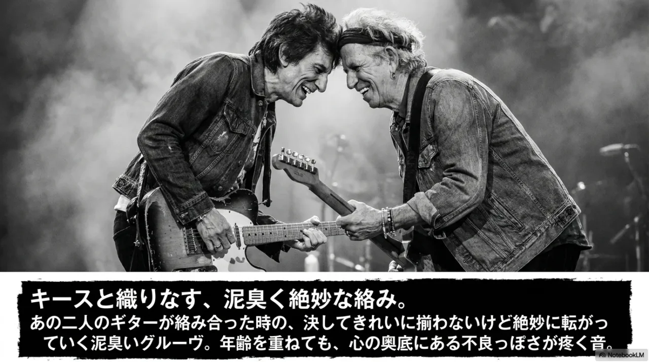 ロン・ウッドとキース・リチャーズのギターが絡み合う泥臭いグルーヴを表現した画像