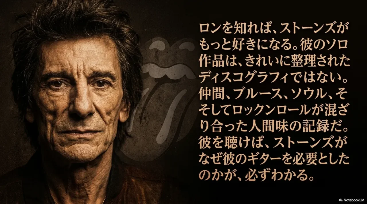 ロン・ウッドのソロ作品が仲間やブルースやロックンロールの人間味を記録していることを伝えるまとめ画像