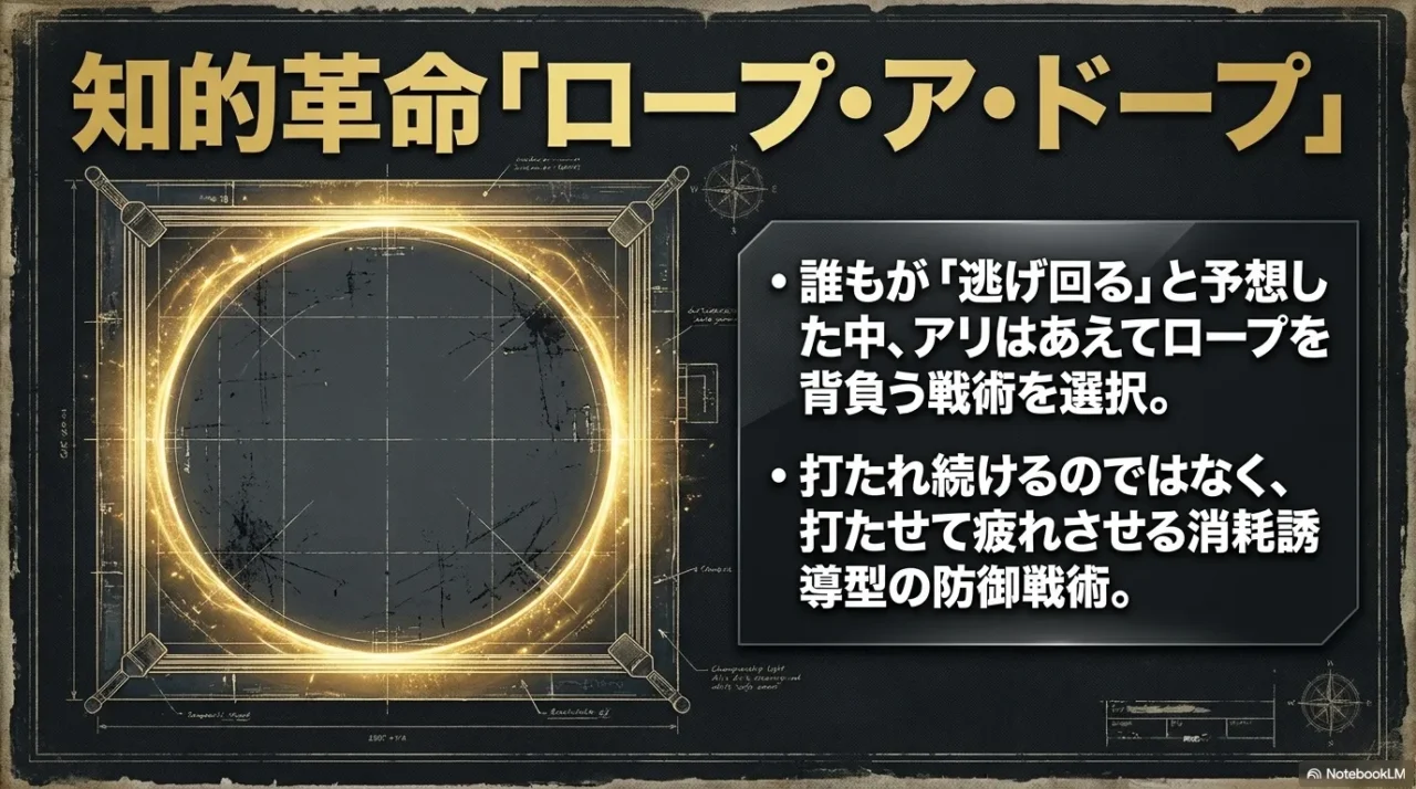 ロープ・ア・ドープが打たせて疲れさせる消耗誘導型の防御戦術であることを示す画像