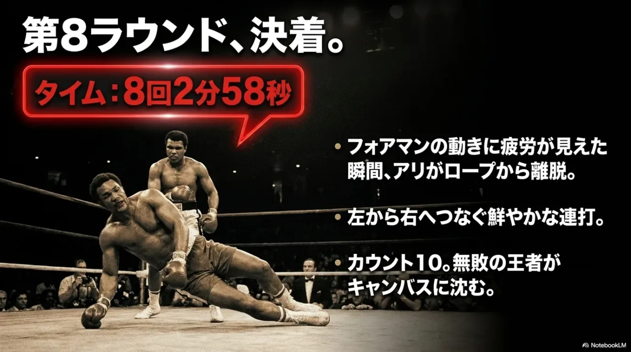第8ラウンドにモハメド・アリがフォアマンをKOした場面を説明する画像