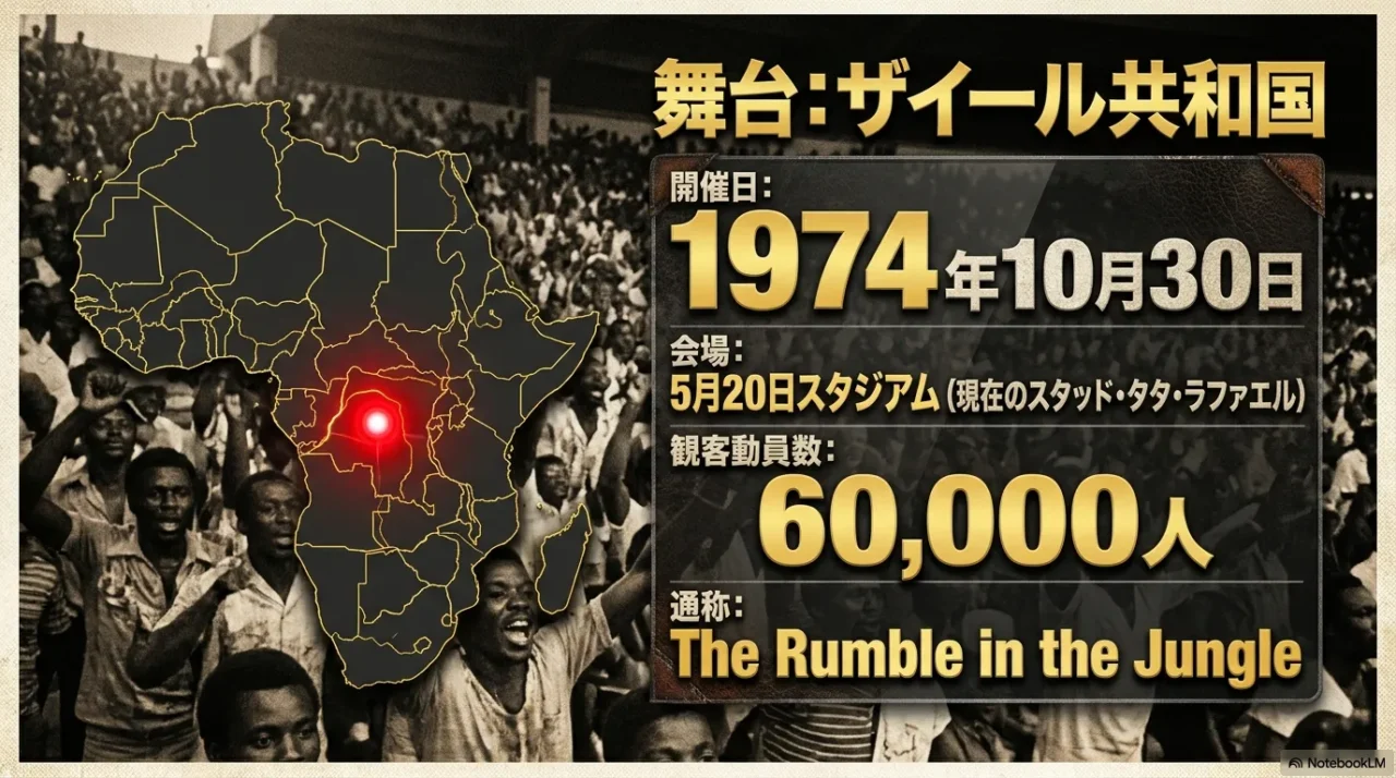 ザイール共和国で開催されたキンシャサの奇跡の開催日や会場、観客数を示す画像