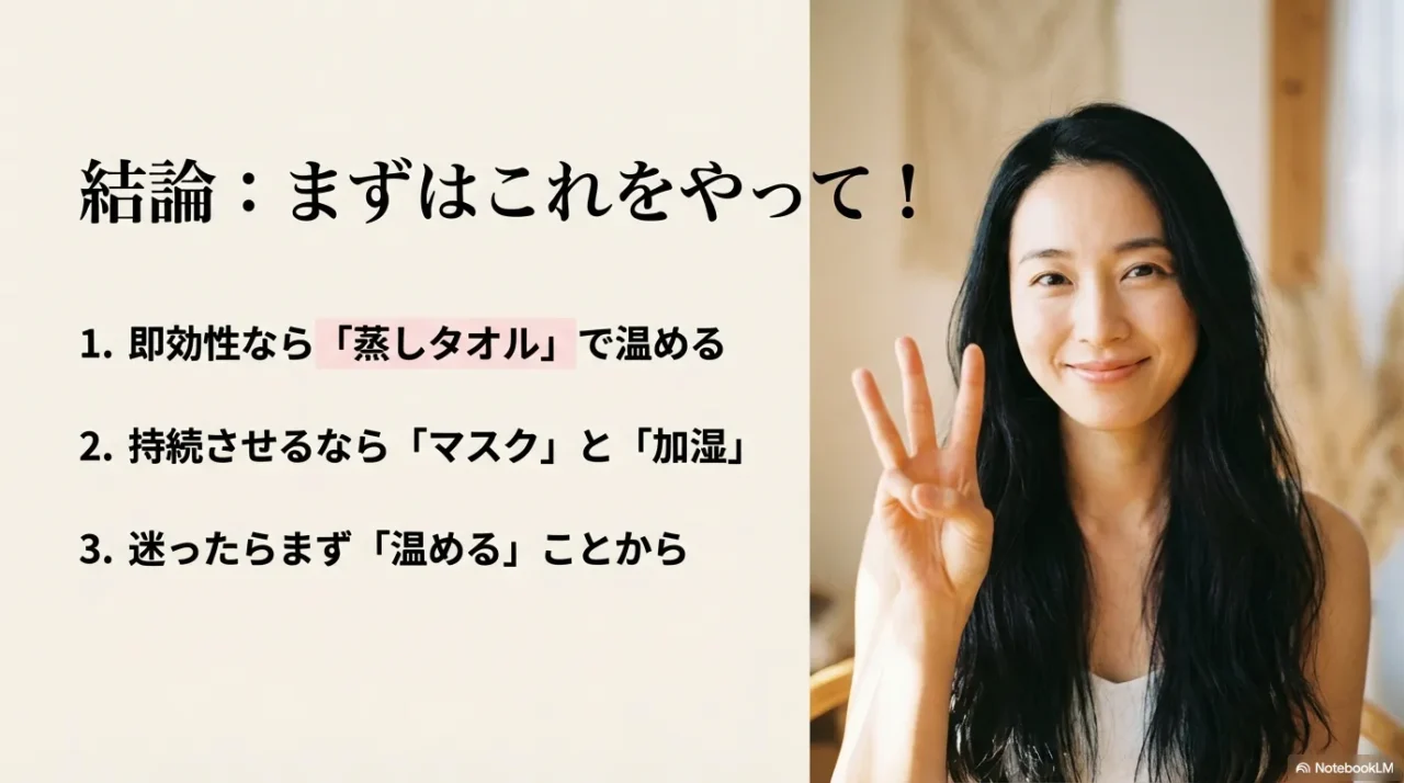 寒暖差鼻水の結論：1.蒸しタオルで温める 2.マスクと加湿で持続 3.迷ったら温める