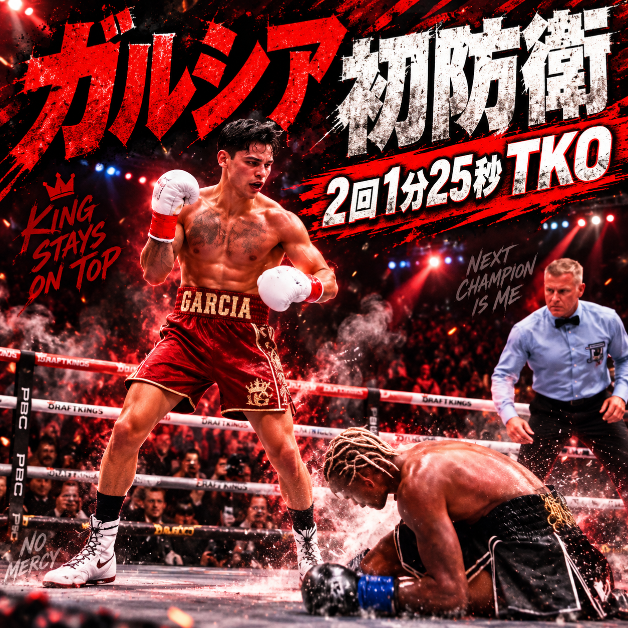 ライアン・ガルシアがコナー・ベンを2回1分25秒TKOで破り、WBC世界ウェルター級王座の初防衛に成功した試合結果イメージ