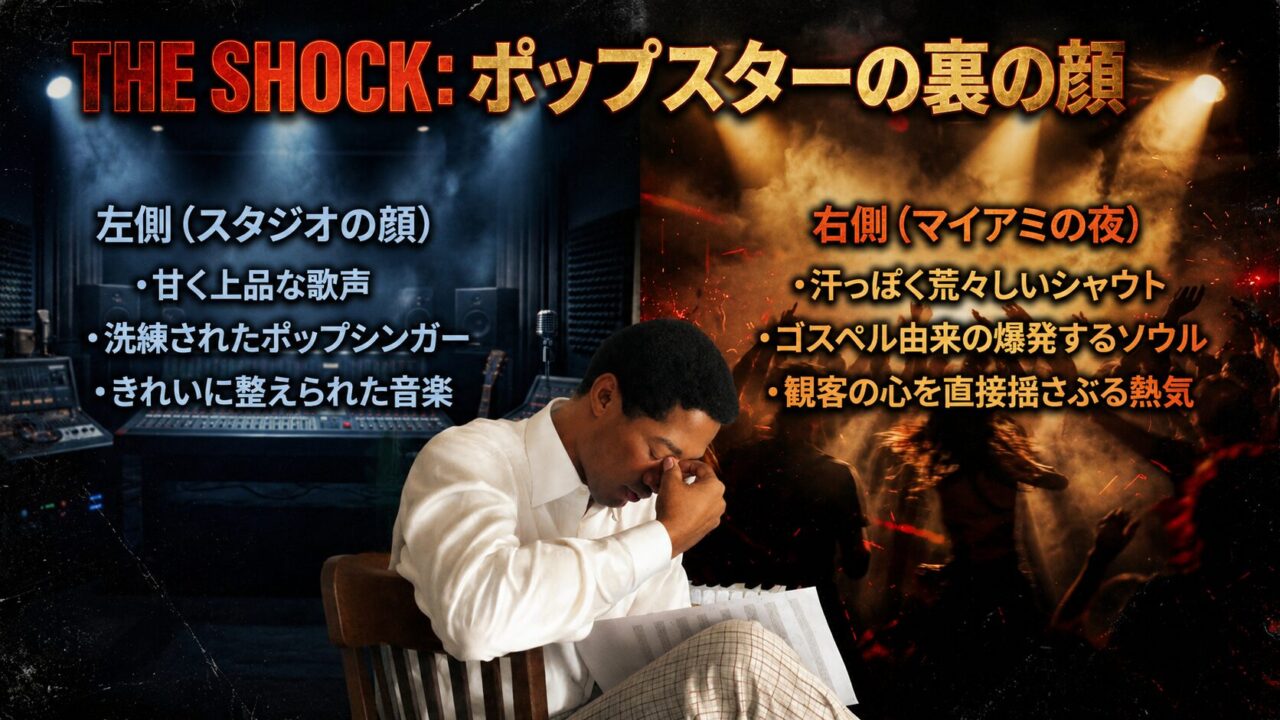 スタジオの洗練されたサム・クックとハーレムスクエアでの熱狂的な姿を比較したイメージ