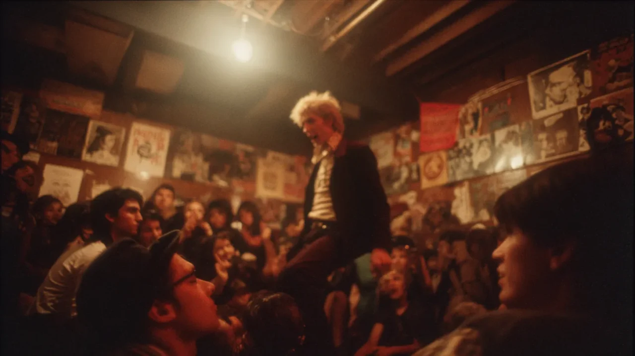 薄暗いパンククラブで観客の上に立つパフォーマーと熱気に包まれた観客たちの様子