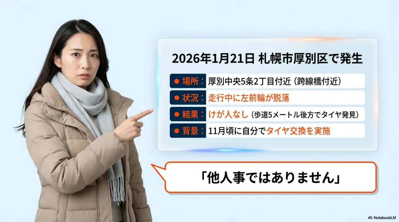 2026年1月の札幌厚別区で起きた左前タイヤ脱落の概要をまとめた画像