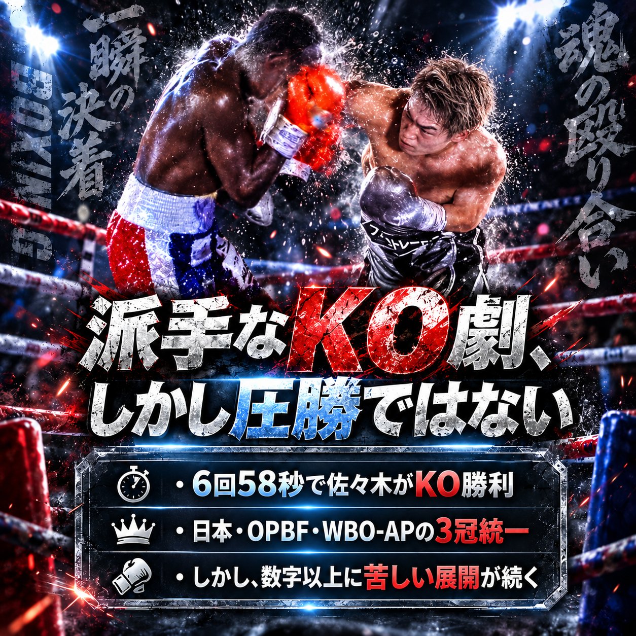 リング上で佐々木尽がセムジュに強打を放つ場面と、6回58秒KO勝利・3冠統一・苦戦の要点をまとめた分析画像。