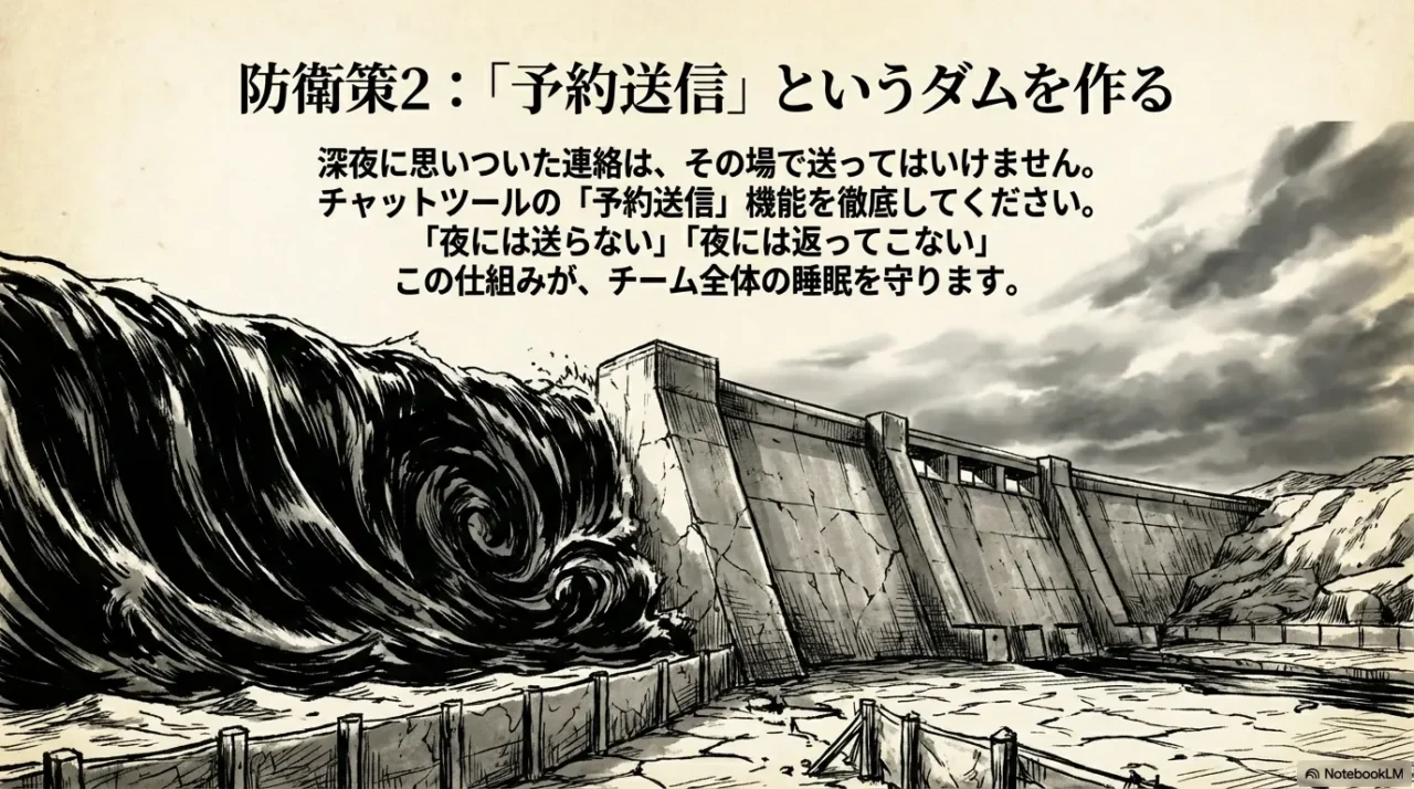 「予約送信というダムを作る」というタイトル。深夜に思いついた連絡はその場で送らず、予約送信機能を徹底することでチームの睡眠を守る提案。