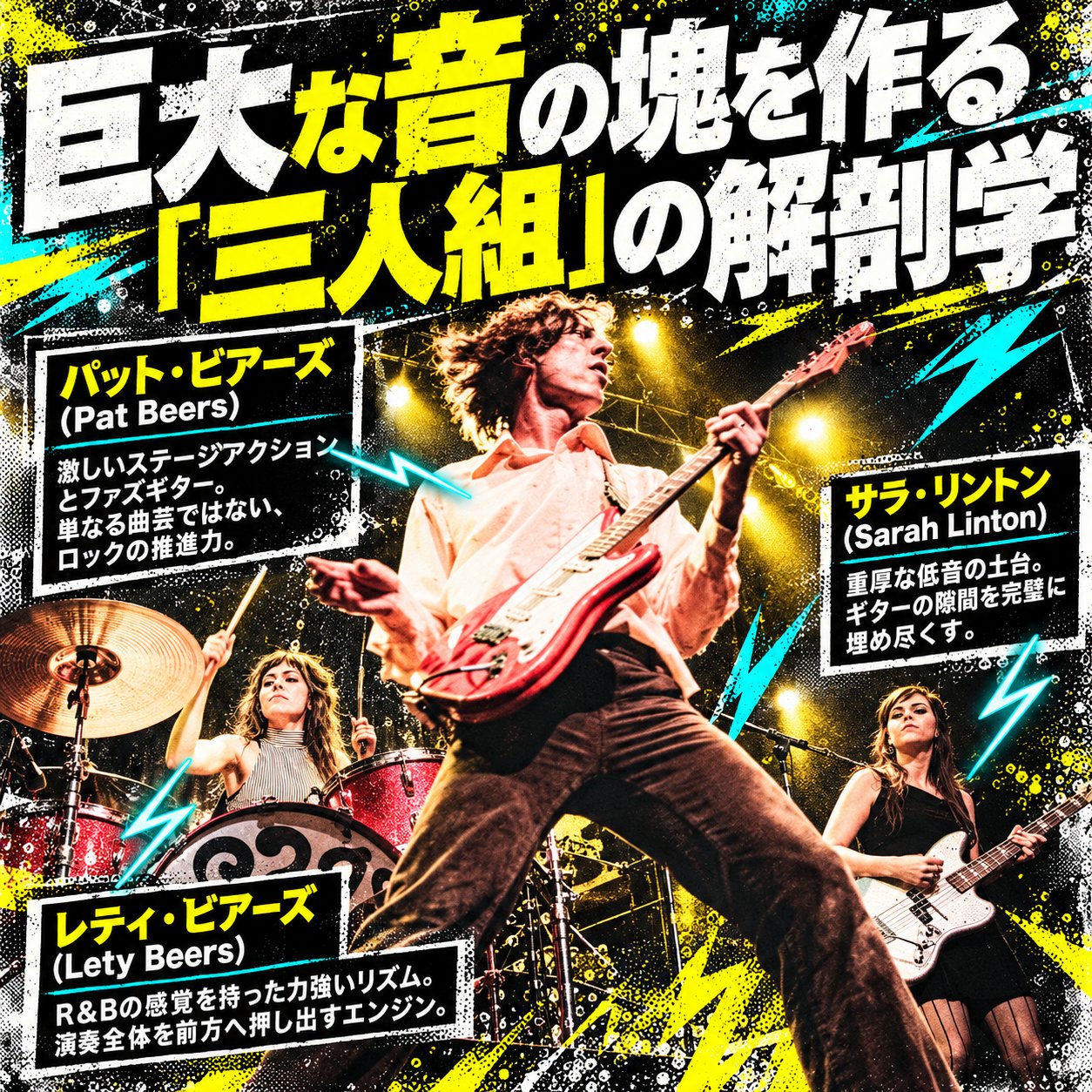 ステージでギター、ドラム、ベースを演奏する3人を背景に、パット・ビアーズ、レティ・ビアーズ、サラ・リントンの名前と各担当の特徴を載せた解説画像。