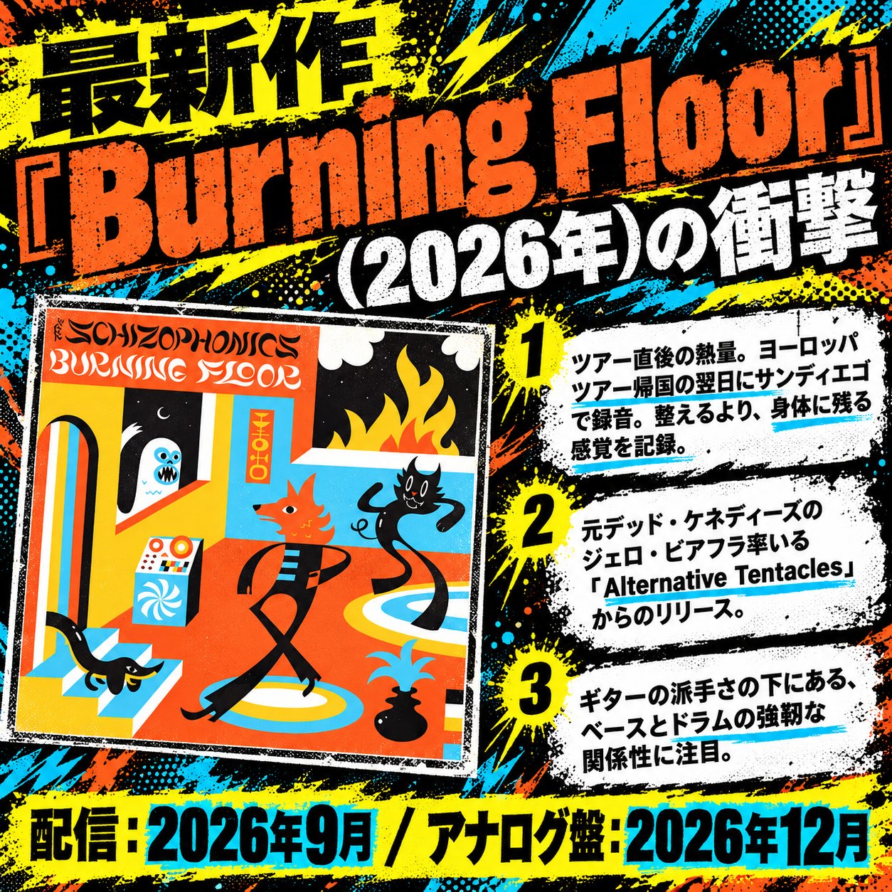オレンジ色の『Burning Floor』ジャケットを左に置き、2026年の配信とレコード発売予定、ツアー直後の録音、Alternative Tentaclesからのリリースを説明するポスター。
