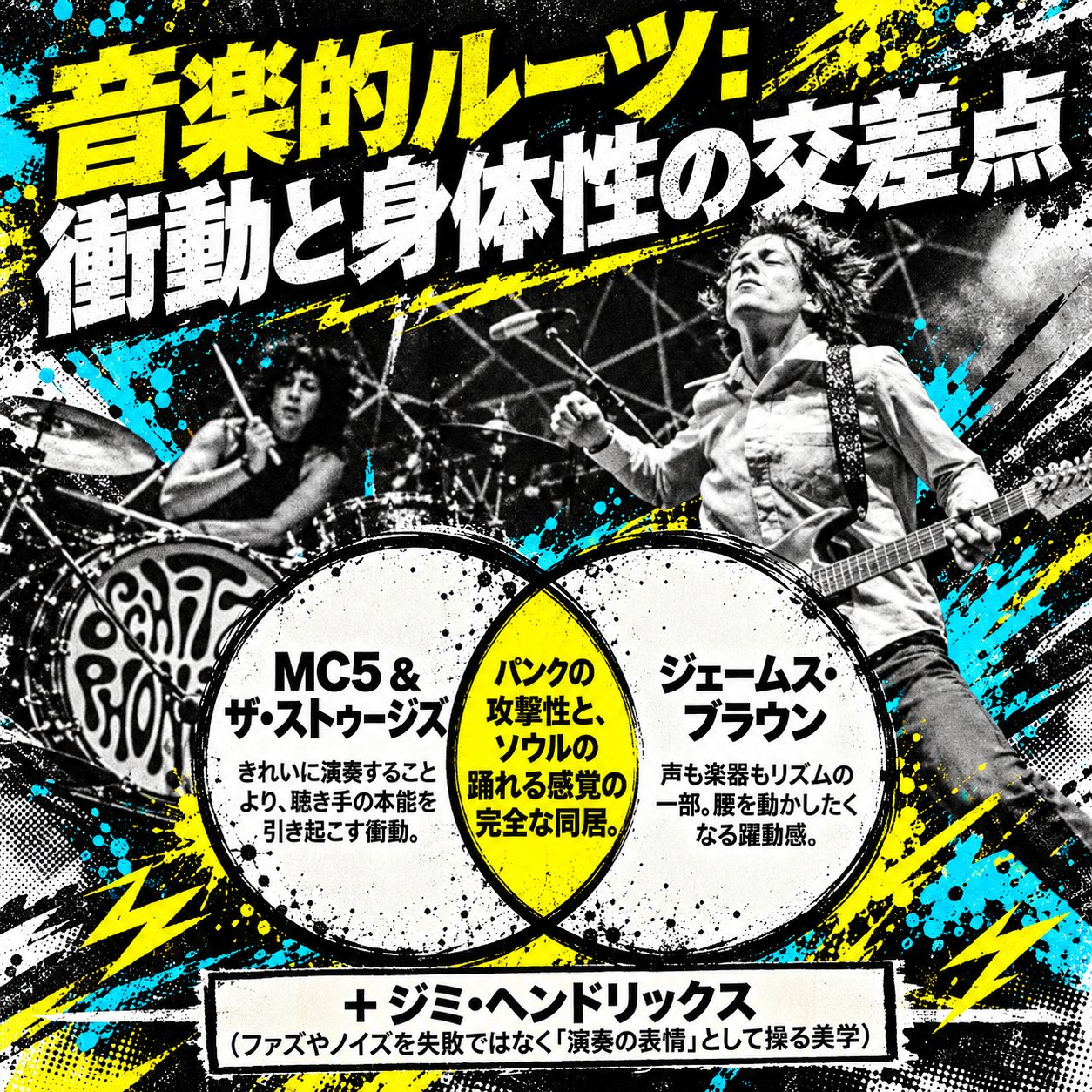 演奏中のギタリストとドラマーの白黒写真に、MC5とザ・ストゥージズ、ジェームス・ブラウン、ジミ・ヘンドリックスからの影響を重ね合わせた円図。
