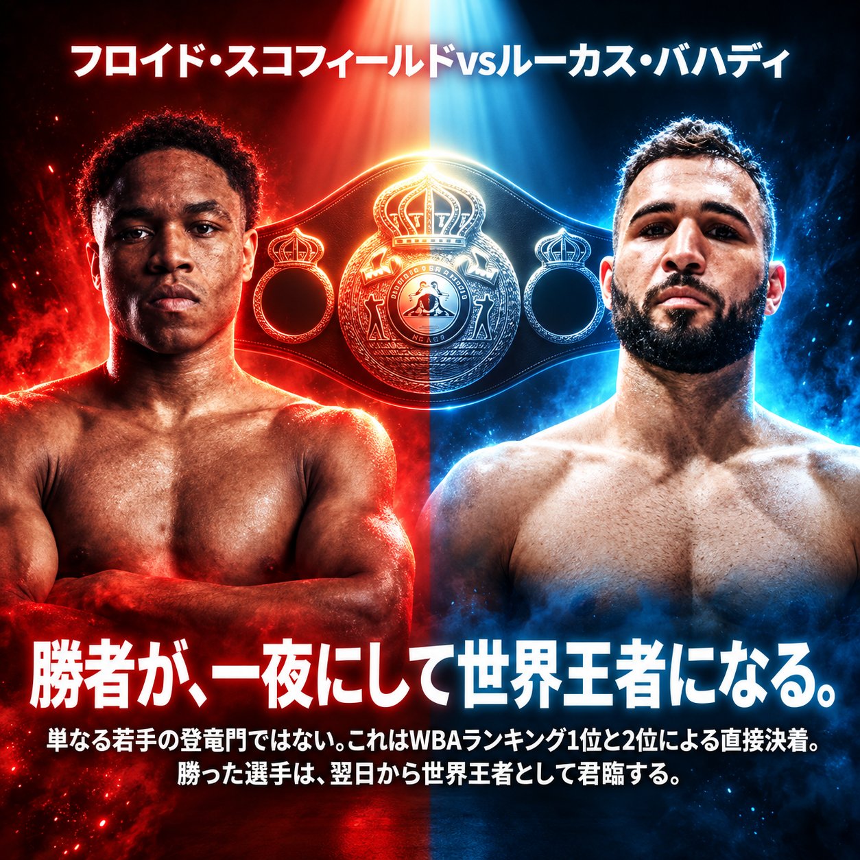 赤と青に分けた背景で両選手と世界王座ベルトを配置し、WBAランキング1位と2位の直接王座決定戦を強調する画像