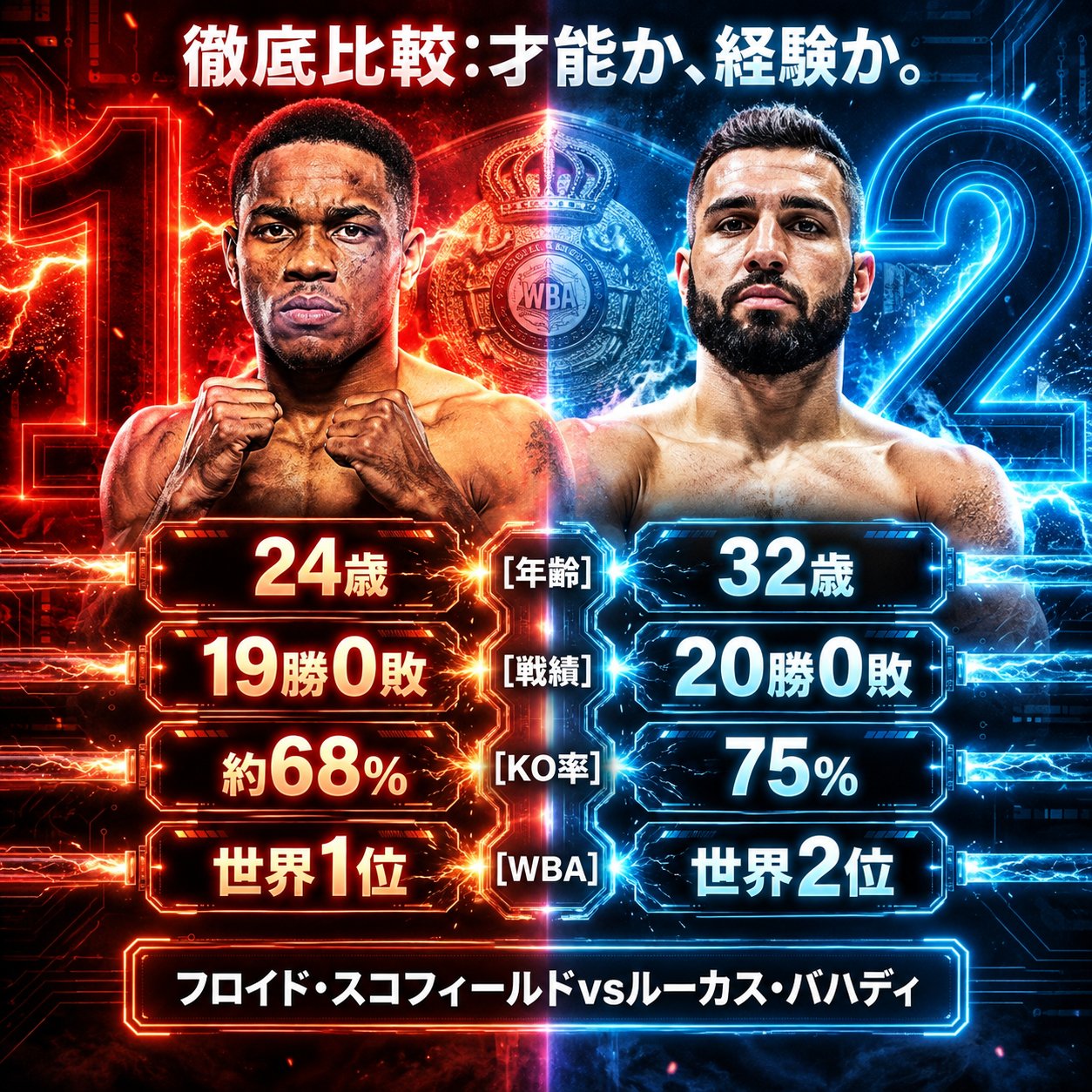 両選手を赤青で対比し、年齢、無敗戦績、KO率、WBAランキングを左右の数値パネルで一覧比較する戦績比較画像
