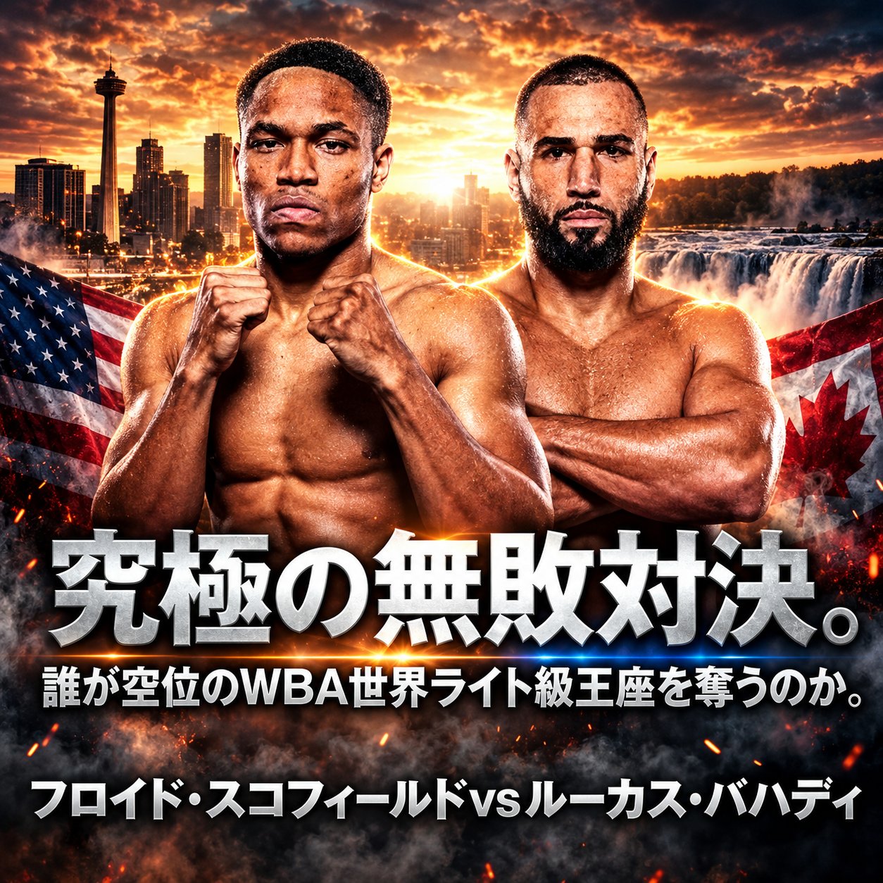 米国とカナダを示す背景で両選手が並び、空位のWBA世界ライト級王座を争う無敗対決を大きな文字で告知する画像