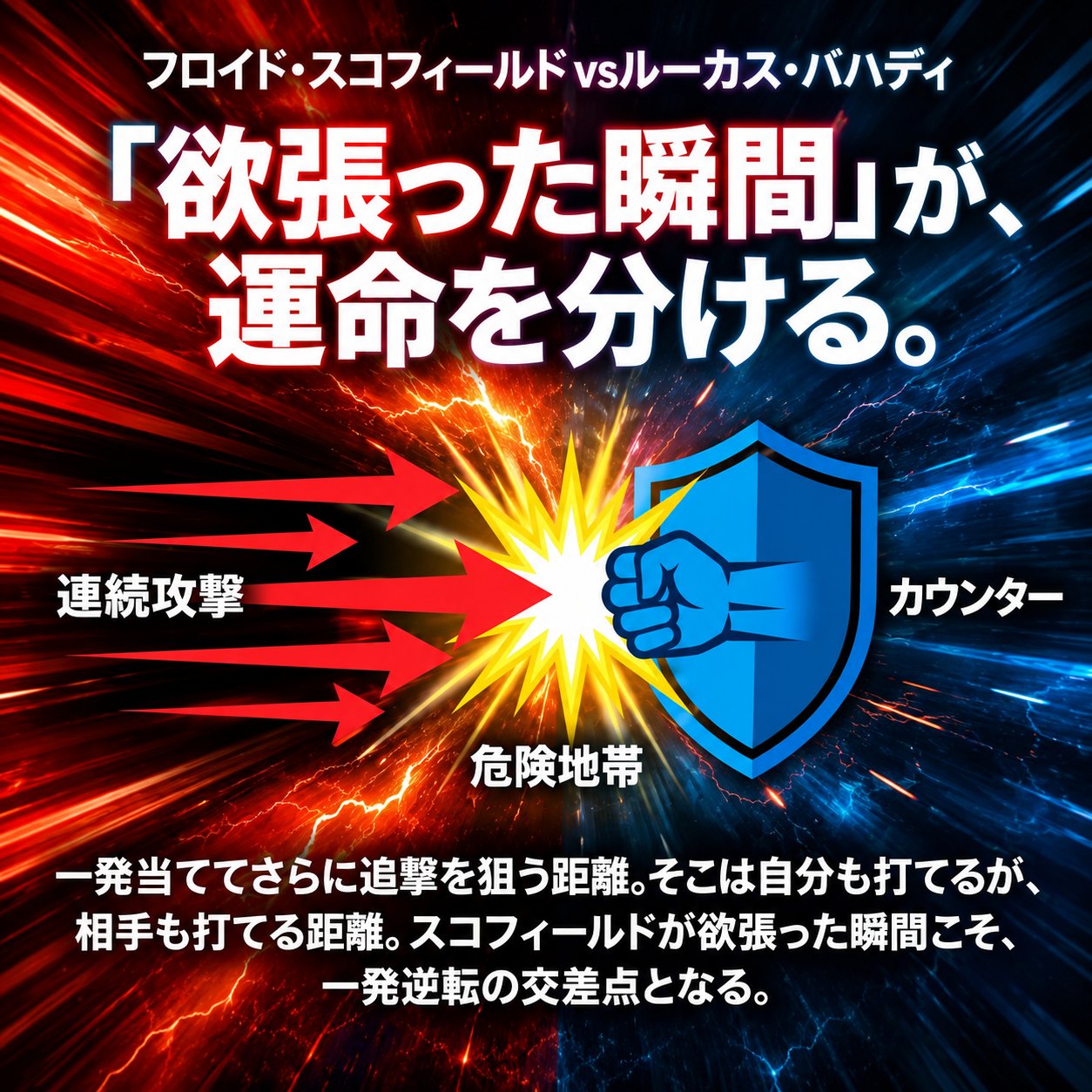 赤い連続攻撃の矢印と青い盾のカウンター図で、追撃を欲張る距離が反撃の危険地帯になることを示す戦術解説画像