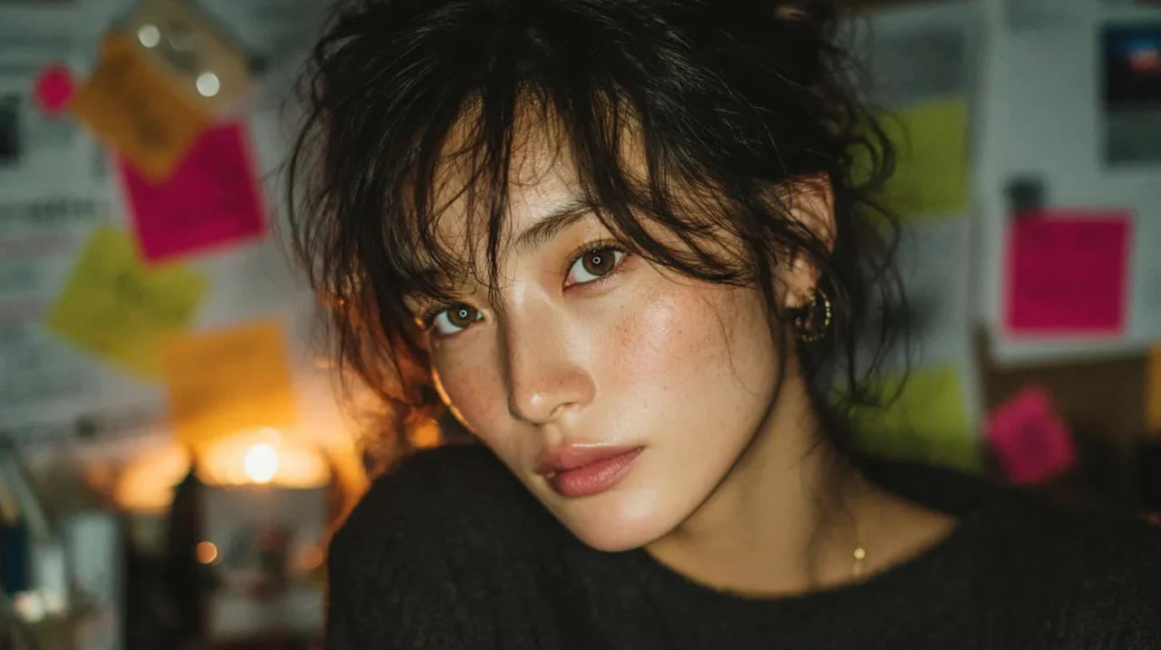 仕事で怒られる原因を振り返り整理する20代日本人女性のクローズアップと付箋が貼られた背景