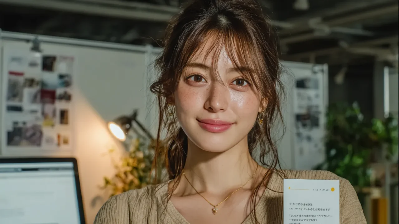 職場で相談テンプレを手にして前向きに報連相を改善しようとする20代日本人女性のポートレート