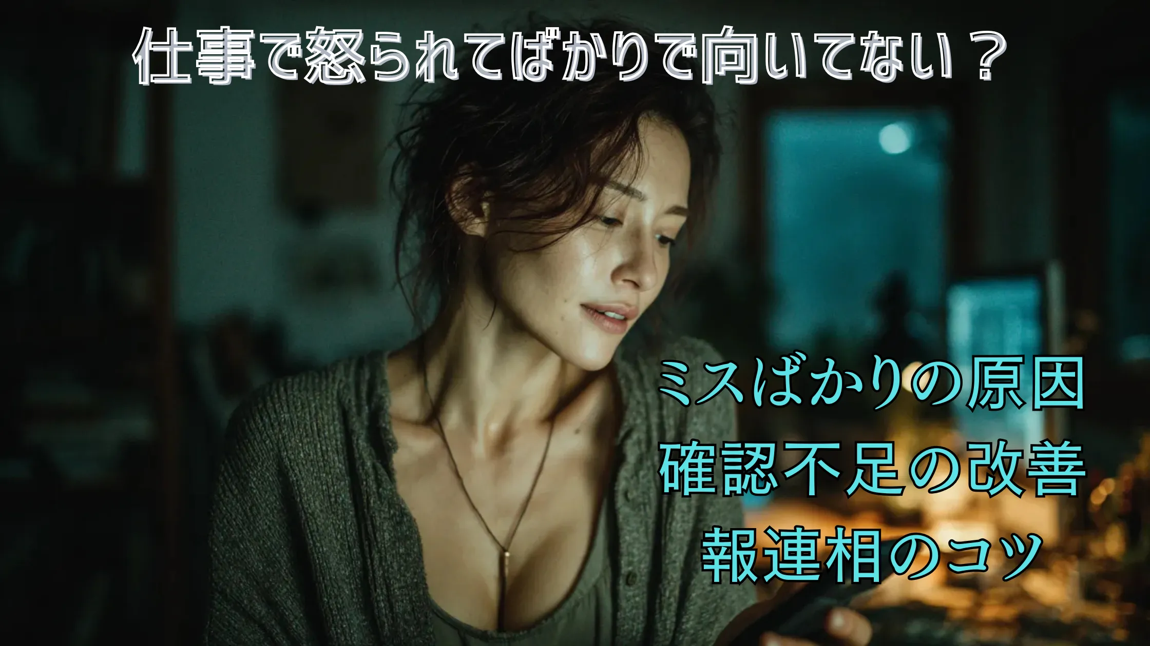 仕事で怒られてばかりで向いてない不安を抱える女性と、ミスばかりの原因・確認不足の改善・報連相のコツを示すアイキャッチ画像