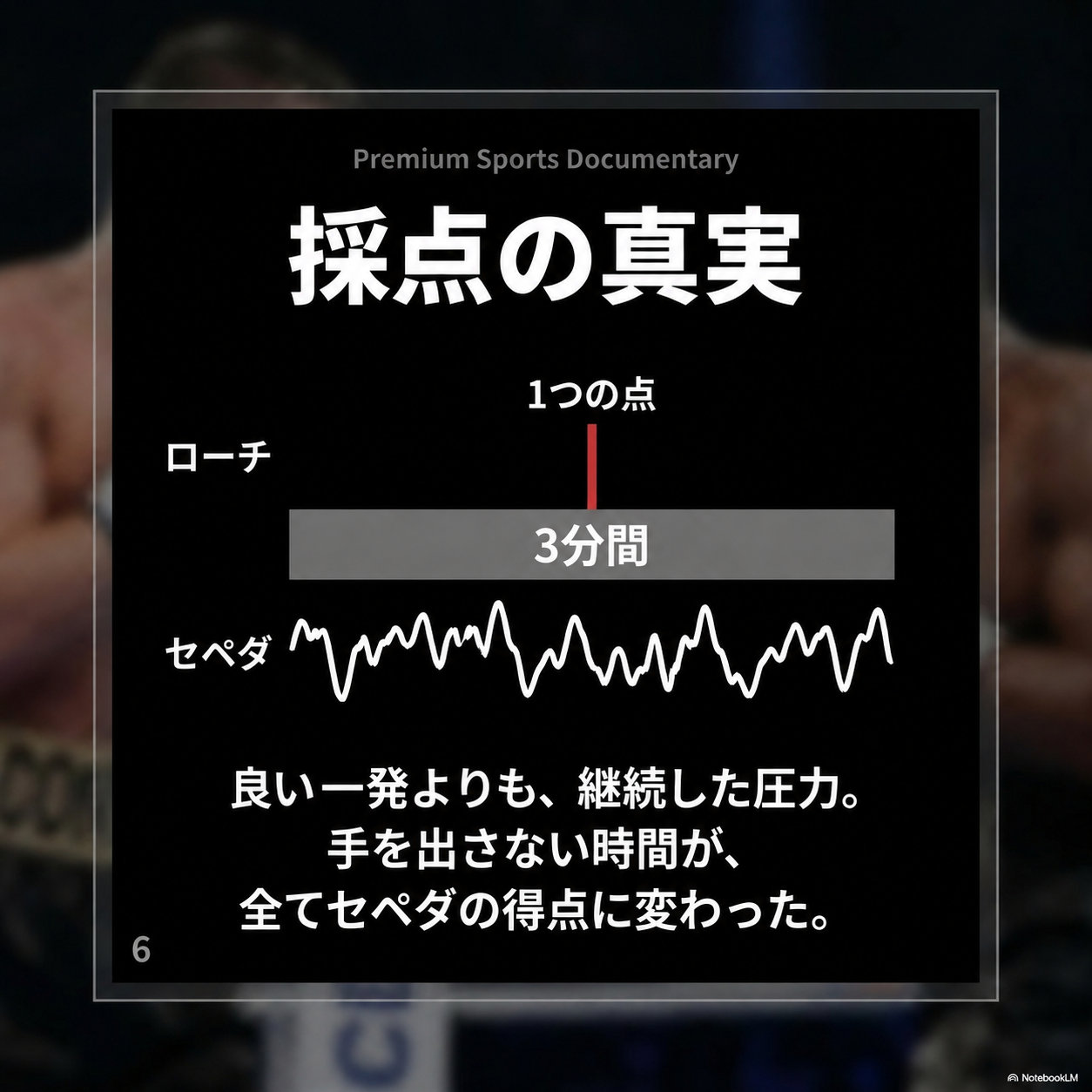 3分間を示す灰色の帯の上にローチの一発を表す赤い縦線、下にセペダの連続した手数を表す白い波形を描いた図解。「採点の真実」の見出し付き。