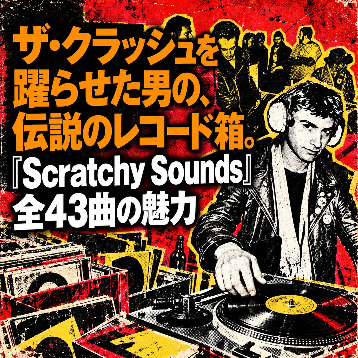赤と黒のパンク調デザインに、レコードを回すDJと観客の姿。ザ・クラッシュとの関係を示す見出しと「Scratchy Sounds」全43曲の文字が並ぶ。