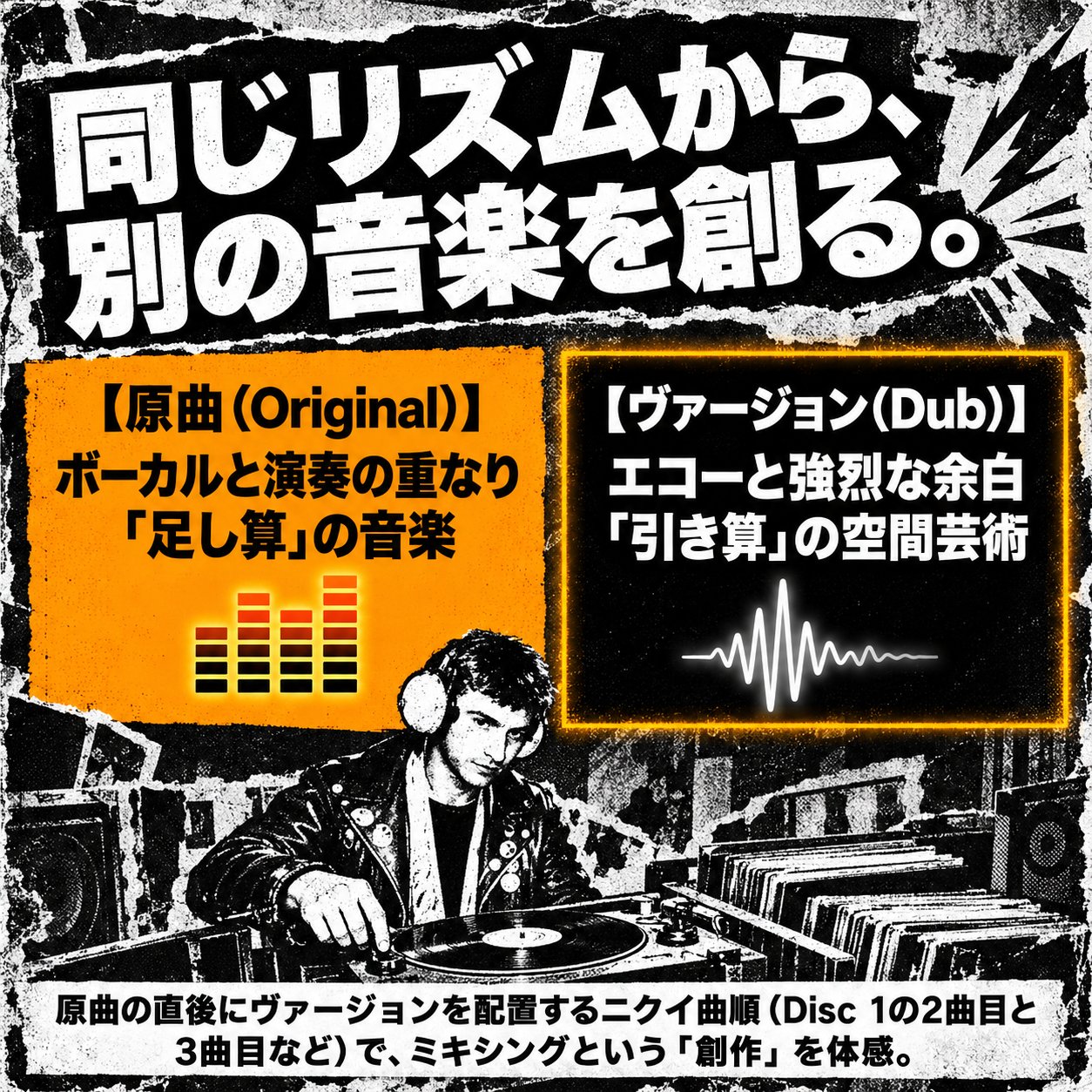 白黒のDJとレコードプレーヤーを背景に、左の橙色の枠が原曲のボーカルと演奏、右の黒い枠がダブのエコーや音の余白を説明する比較図が配置されている。