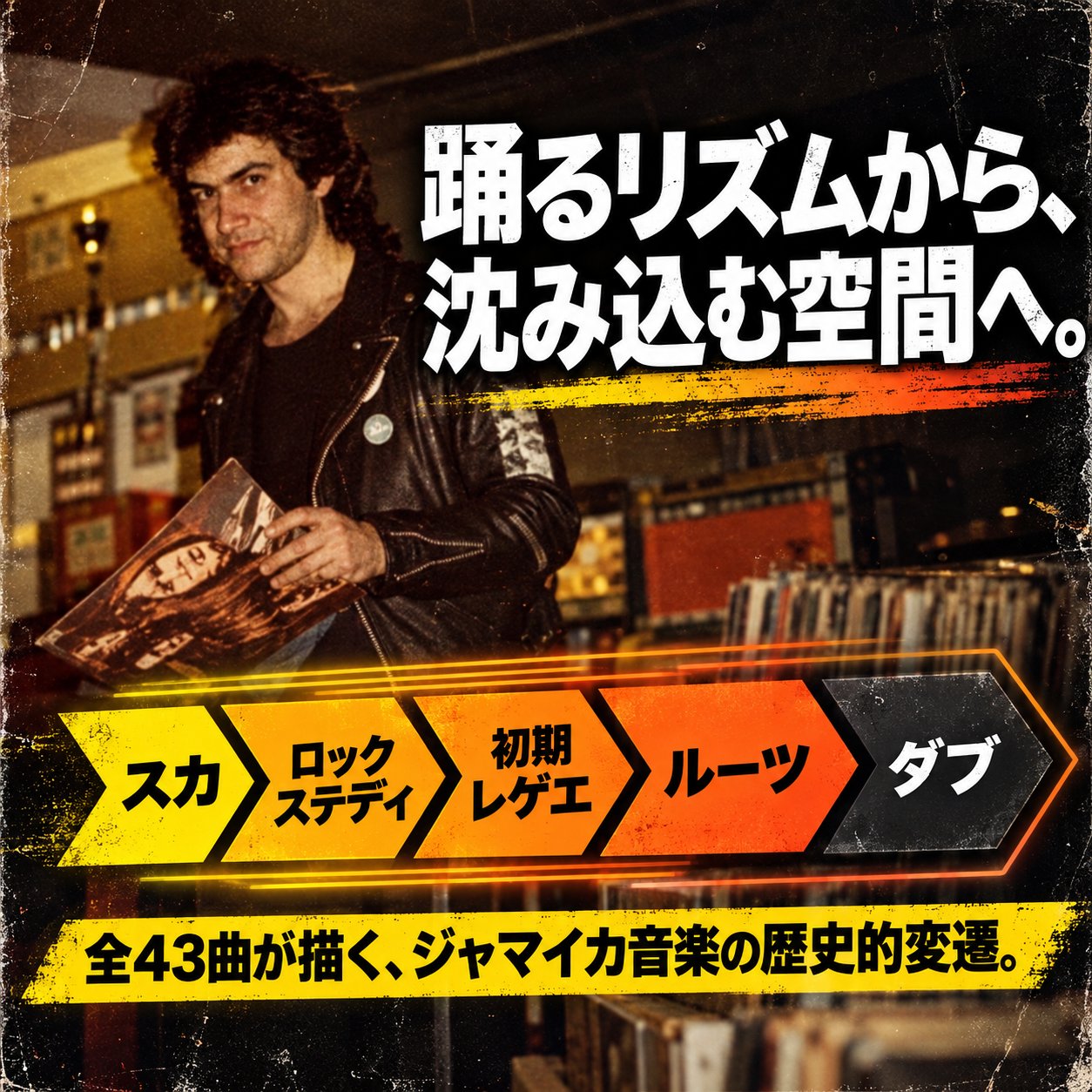 レコード店でジャケットを手にする革ジャン姿の男性を背景に、スカ、ロックステディ、初期レゲエ、ルーツ、ダブの五つを色分けした矢印が横一列に並んでいる。