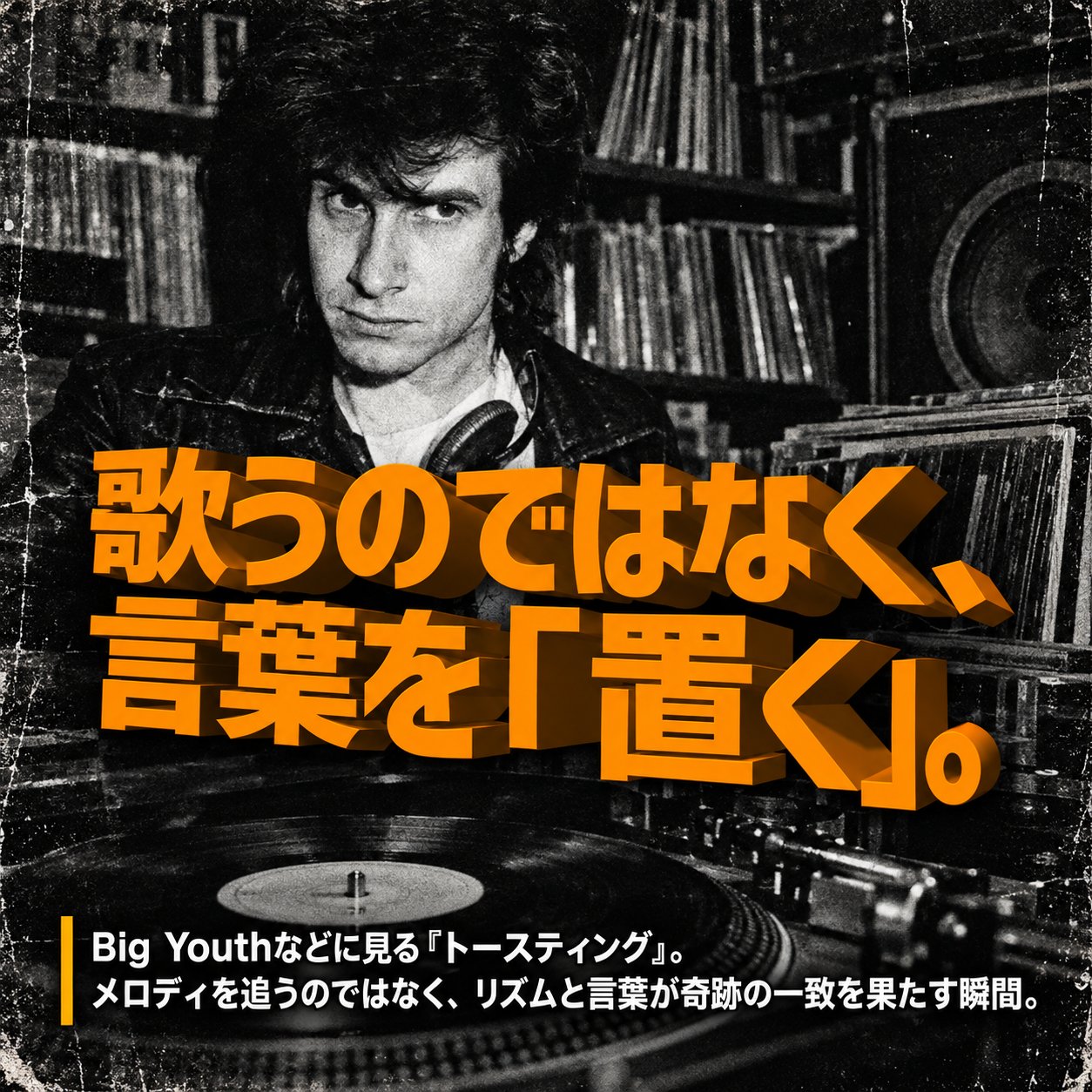 白黒のレコード店でヘッドフォンを掛けた男性がターンテーブルの前に座り、オレンジ色の「歌うのではなく、言葉を置く」という文字とトースティングの説明が重ねられている。