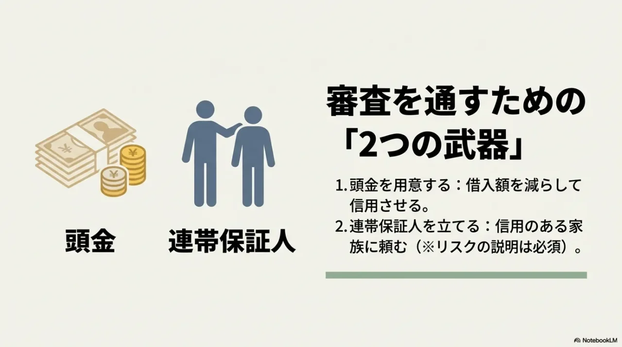 審査を通すための2つの武器。頭金を用意して借入額を減らす、信用のある家族に連帯保証人を頼むこと。