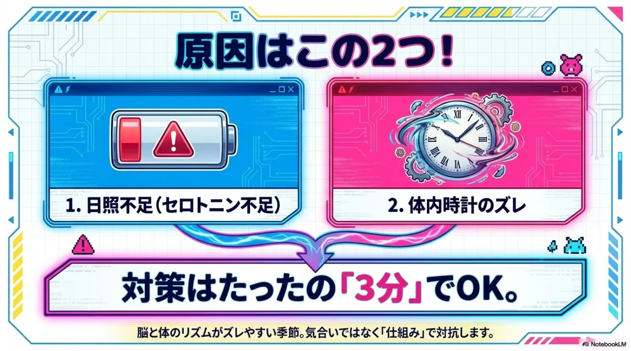 日照不足（セロトニン）と体内時計のズレの2要因を図で整理した画像