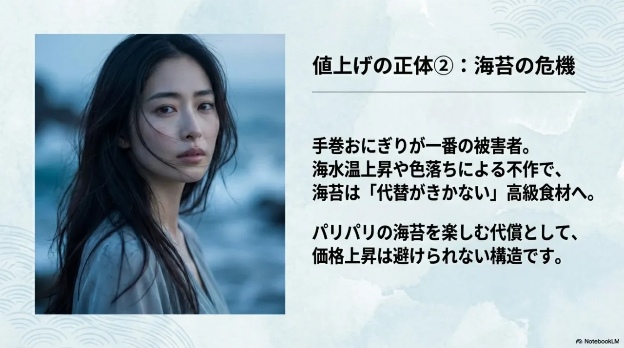 海水温上昇に伴う海苔の不作と手巻おにぎり価格上昇のメカニズム