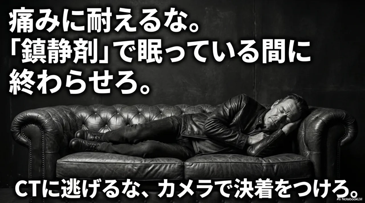 痛みが不安なら鎮静剤を使い、代替の大腸CTに逃げず大腸カメラで確認するという判断を促すスライド
