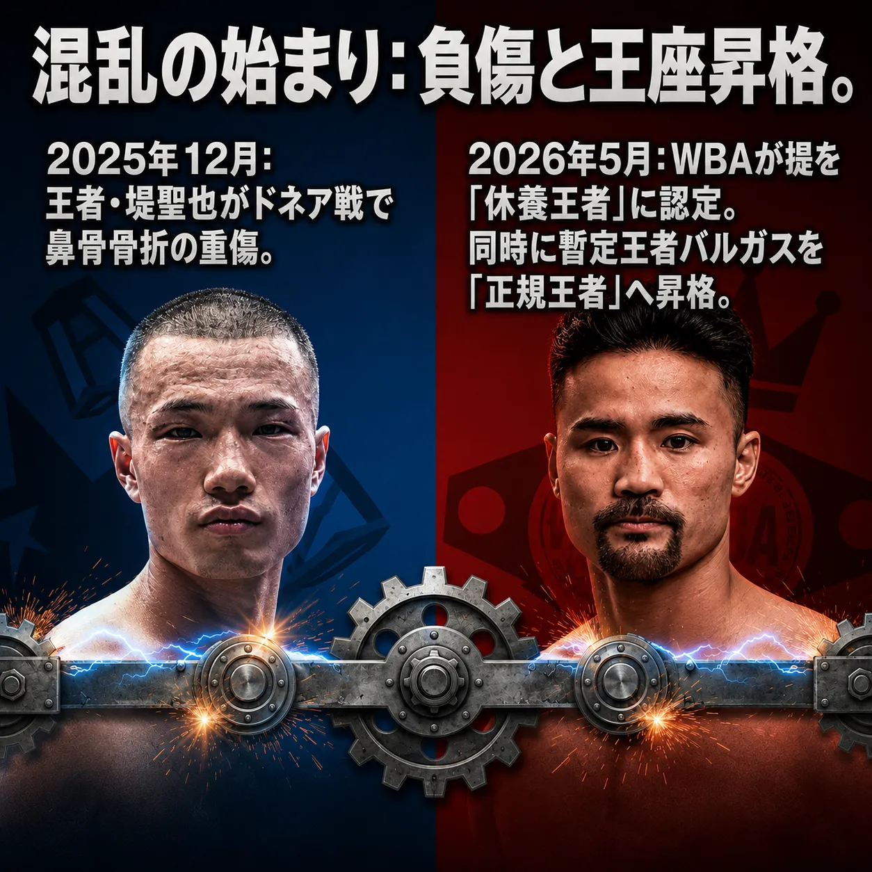 ボクシング王座を巡る混乱を解説するインフォグラフィック。左側に2025年12月の堤聖也のドネア戦での鼻骨骨折、右側に2026年5月のWBAによる休養王者認定と暫定王者バルガスの正規王者昇格を時系列で示す。