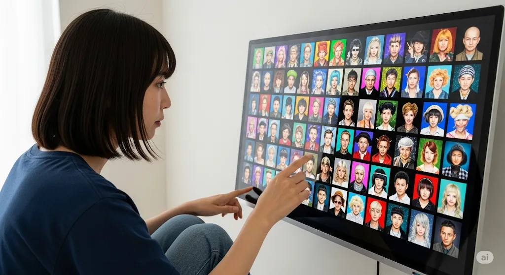画面上の様々な占い師から慎重に選ぶ女性