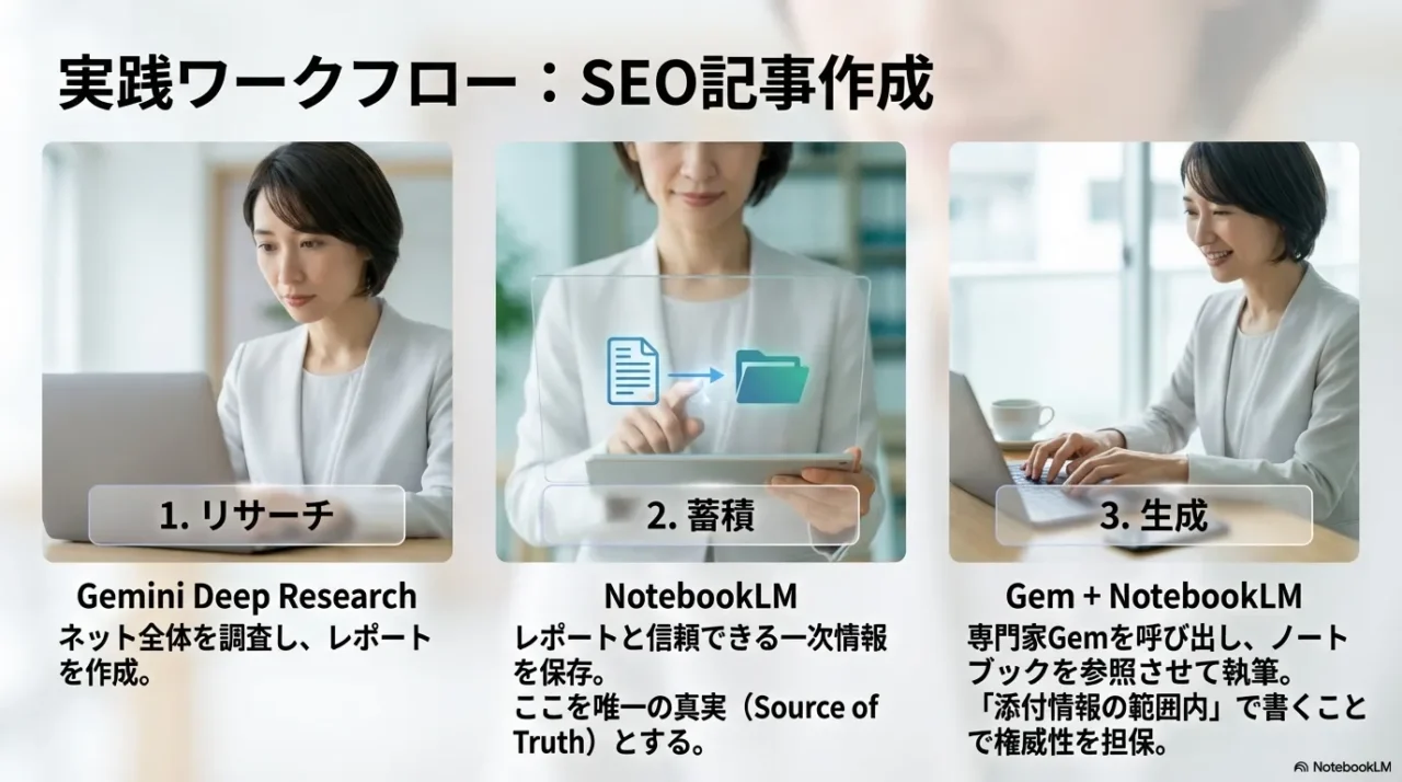 Gemini Deep Researchでのリサーチから、NotebookLMでの知識ベース化、連携機能による執筆、検証までの流れを描いたフローチャート図。