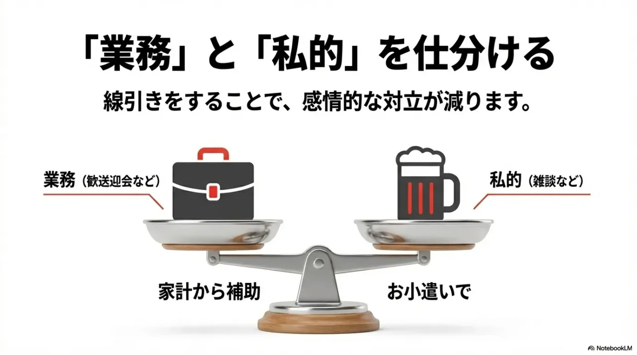 業務扱いは家計補助、私的は小遣いで分ける図