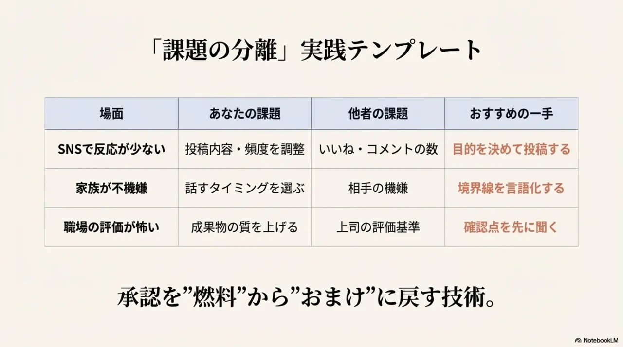 SNS、家族、職場での課題の分離の実践例リスト