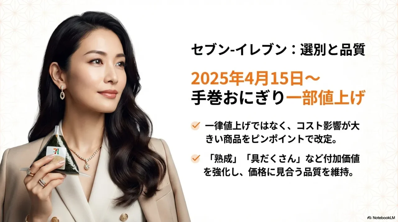 2025年4月の手巻おにぎり一部値上げと、付加価値(熟成・具だくさん)強化によるセブンの選別戦略をまとめた画像。
