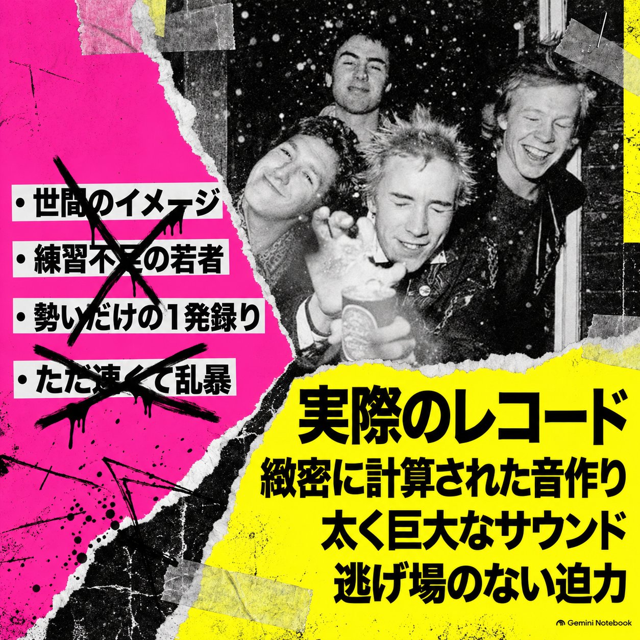 セックス・ピストルズのライブ写真と、世間のパンク像を打ち消し「実際のレコードは緻密」と示すパンク調スライド。