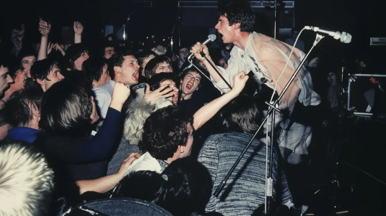 観客が拳を突き上げ、ボーカルが熱唱するシャム69を思わせるパンクライブの熱気あふれる写真