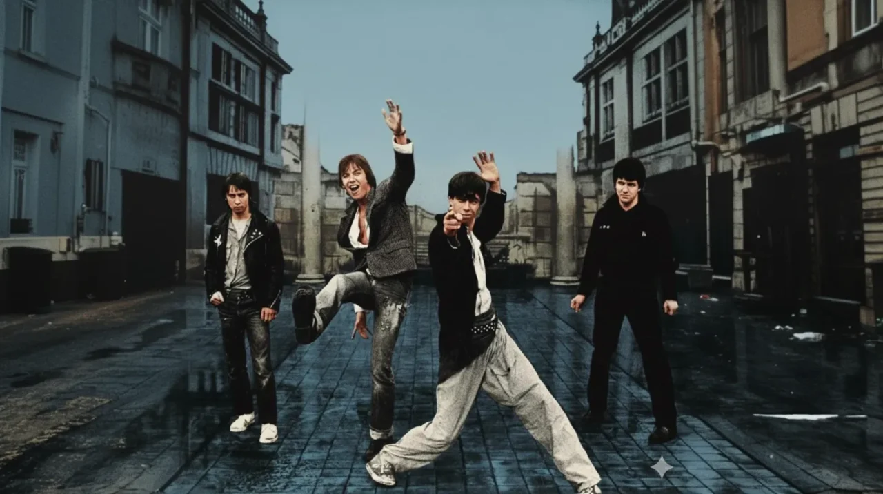ストリートで4人の男性がポーズを決める、シャム69を連想させるUKパンク風の写真