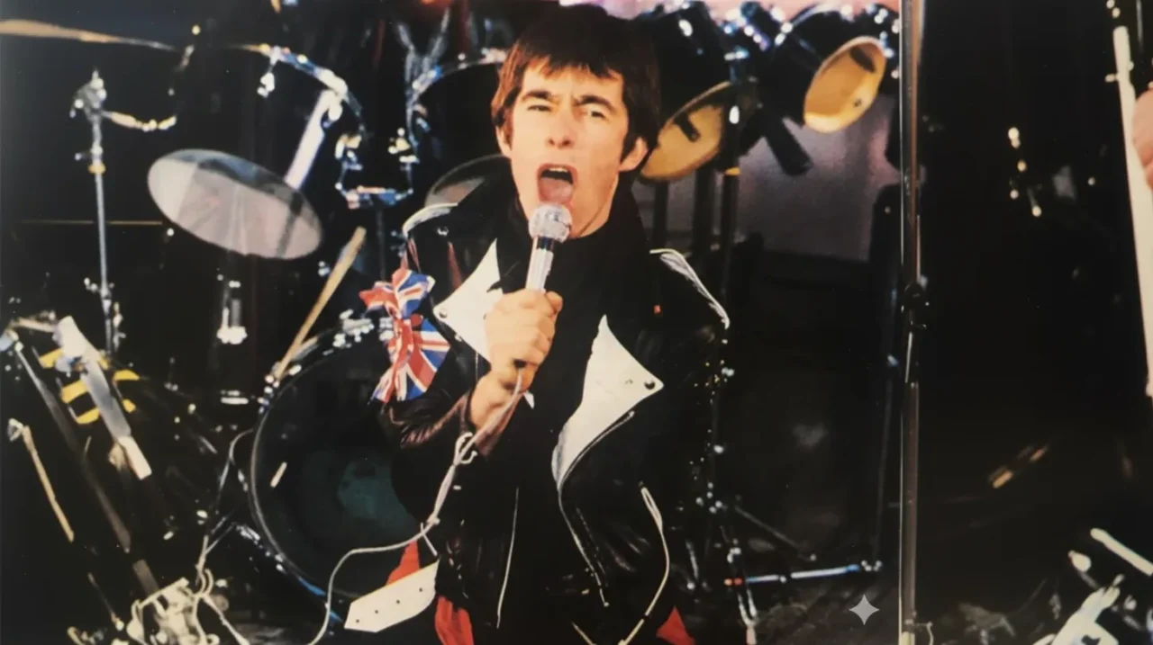 シャム69を思わせるボーカリストが力強く歌うライブシーンのクローズアップ写真